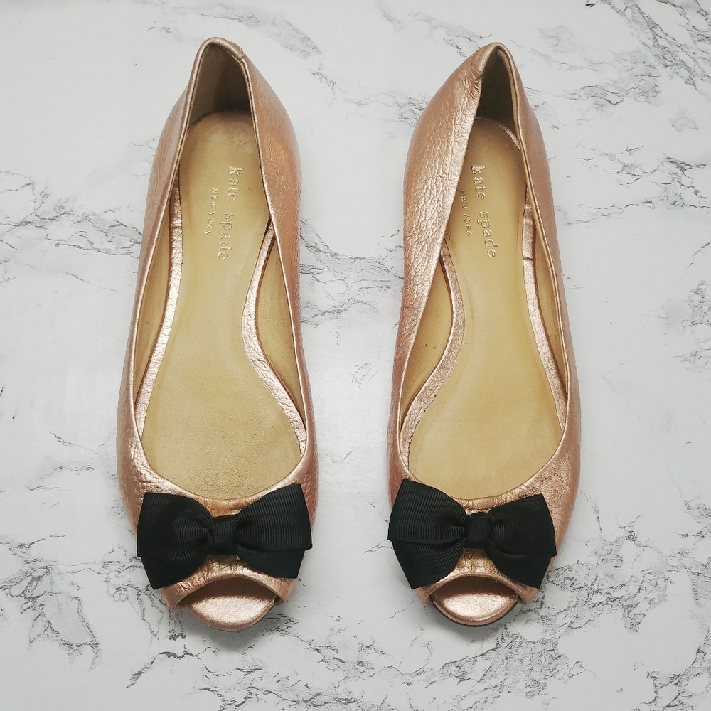 Kate Spade Rose Gold Bow Open Toe Flats